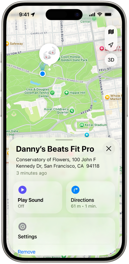 The Find My app screen on iPhone showing the location of Beats Fit Pro on a map of San Francisco.