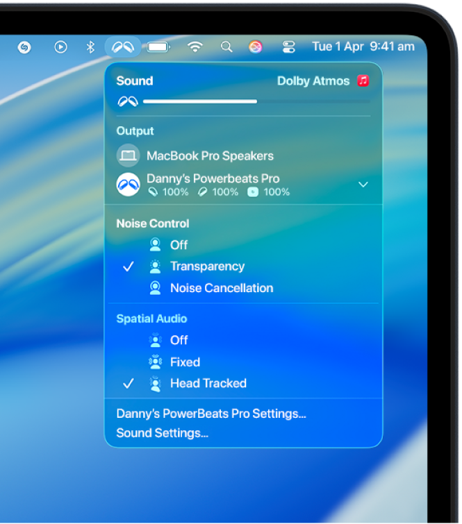 The Beats icon selected in the menu bar on Mac. A menu shows Powerbeats Pro 2 with Transparency and Head Tracked Spatial Audio on.