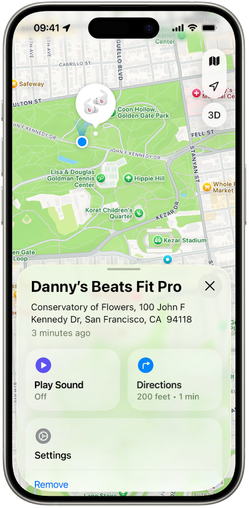 The Find My app screen on iPhone showing the location of Beats Fit Pro on a map of San Francisco.