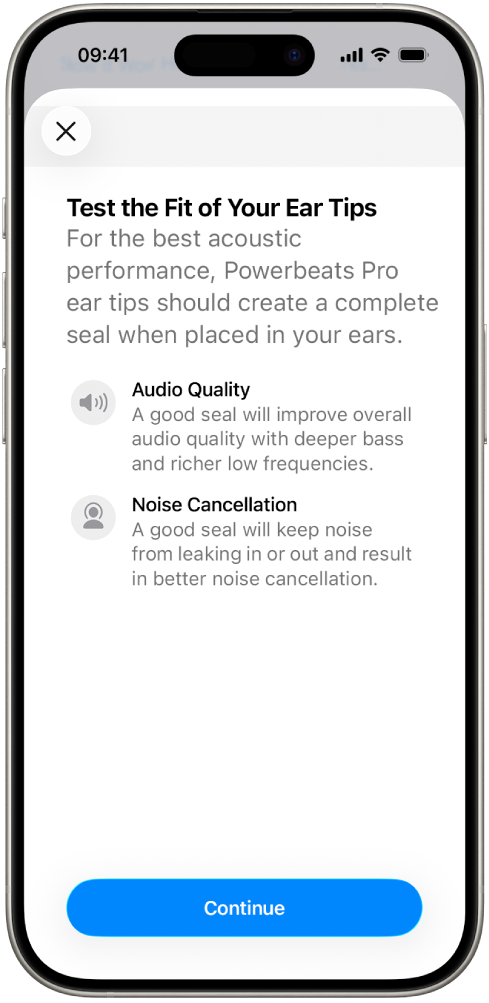 An iPhone screen displaying the Ear Tip Fit Test.