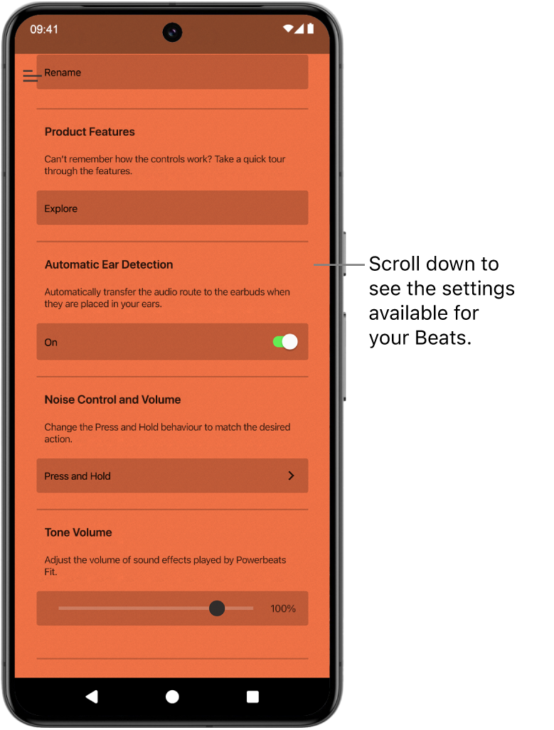 The Beats app device screen showing the settings available for the connected Powerbeats Fit earphones.