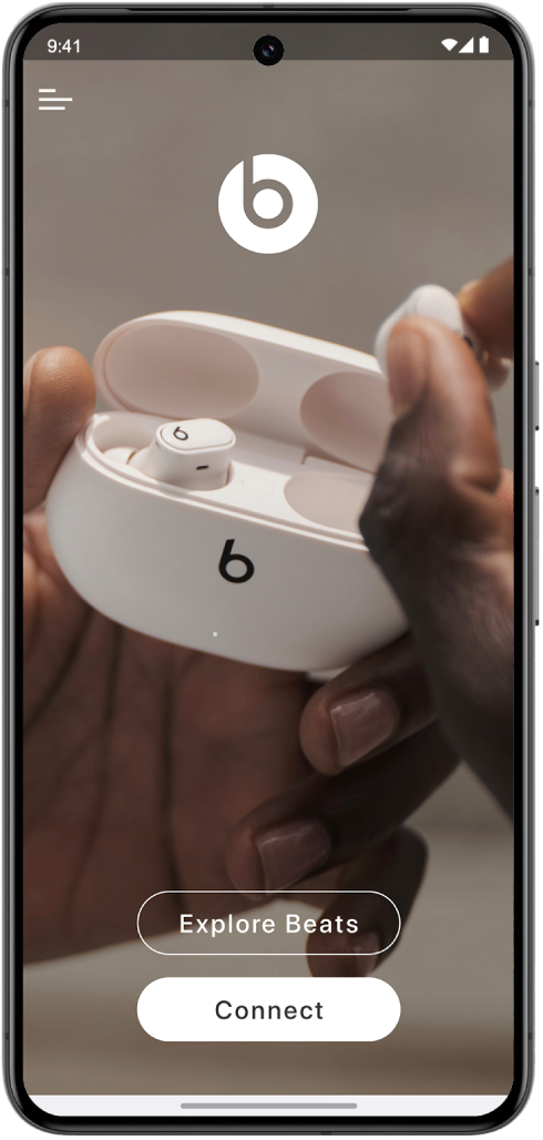The Beats app Welcome screen showing Explore Beats and Connect buttons.