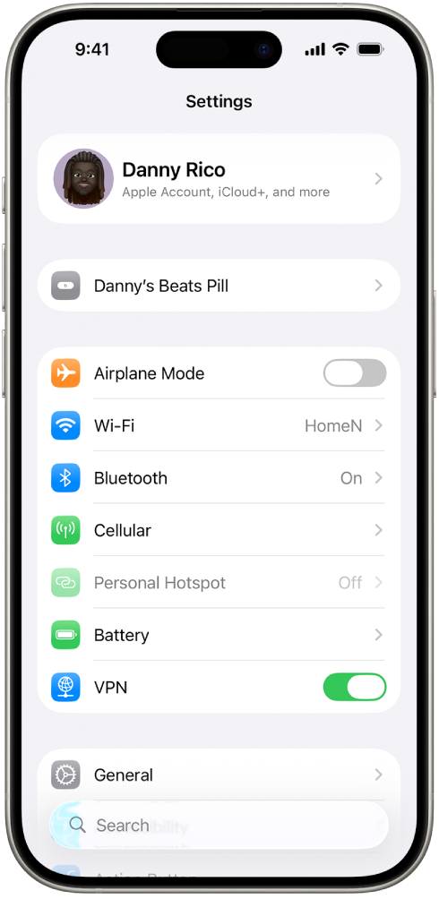 The Settings app on iPhone, showing a user’s connected Beats listed at the top of the screen.