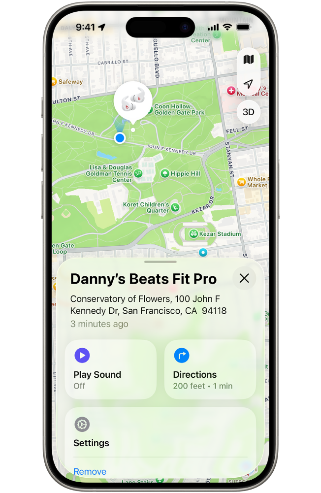 The Find My app screen on iPhone showing the location of Beats Fit Pro on a map of San Francisco.