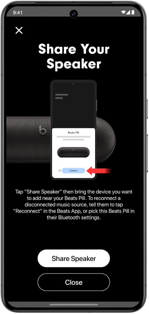 The Beats app Share Your Speaker screen showing the Share Speaker and Close buttons.