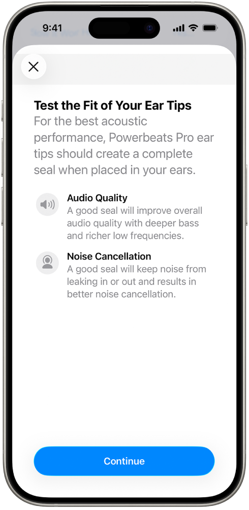 An iPhone screen displaying the Ear Tip Fit Test.