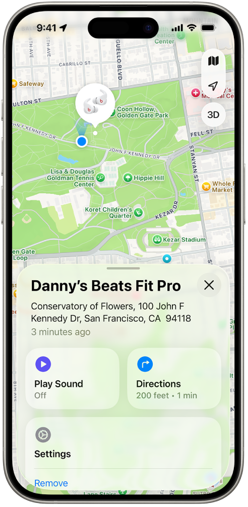 The Find My app screen on iPhone showing the location of Beats Fit Pro on a map of San Francisco.