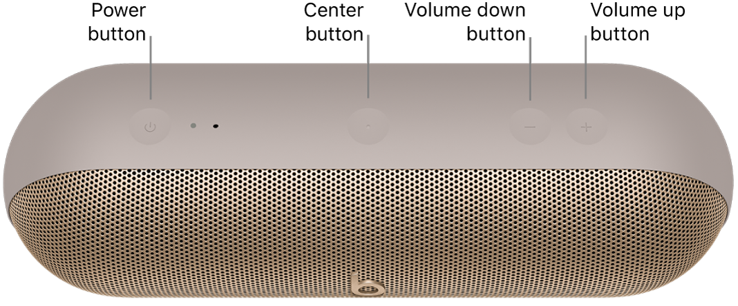 Image of Beats Pill speaker showing the location, from left to right, of the power, center, volume down, and volume up buttons on the top of the speaker.