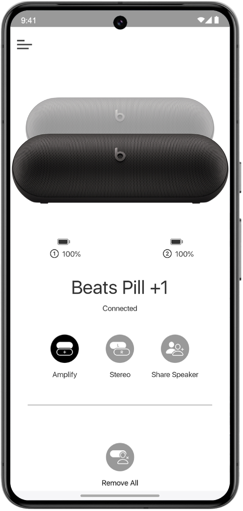 The Beats app device screen showing two connected Beats Pill speakers in an Amplify group.