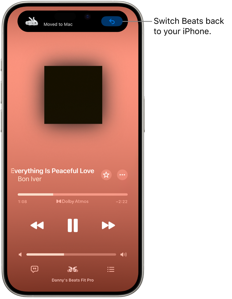 An Apple Music screen on iPhone with a message at the top reading “Moved to Mac” and a button to switch the Beats back to iPhone.