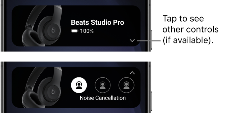The first image shows the Beats app widget displaying connected Beats Studio Pro headphones and a button to display other controls; the second image shows the Noise Cancellation controls in the widget.