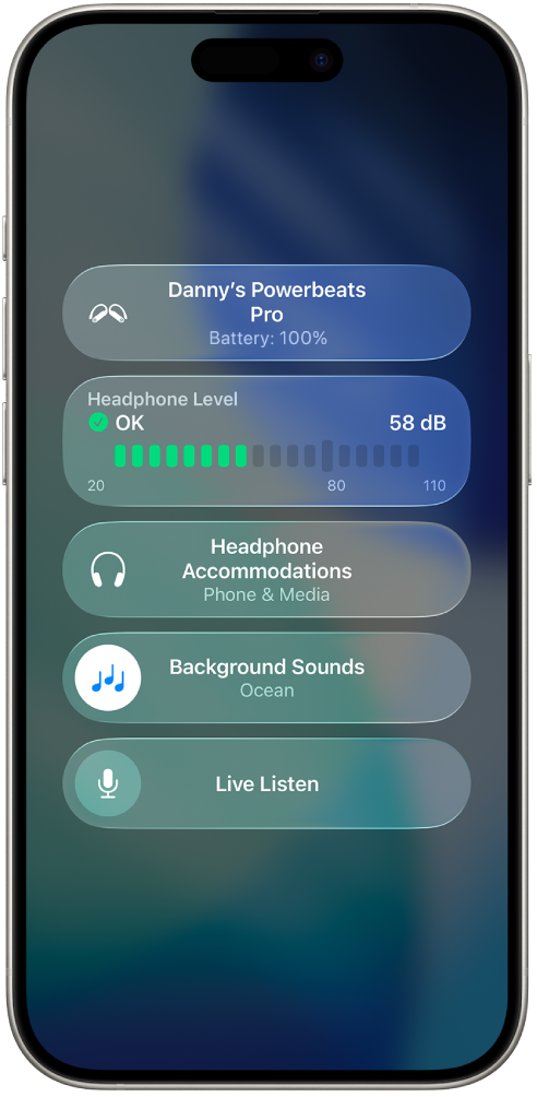 The Hearing Devices screen in Control Center. From top to bottom, it includes the Headphone Level in decibels, Headphone Accommodations, Background Sounds, and Live Listen for the connected Powerbeats Pro 2.