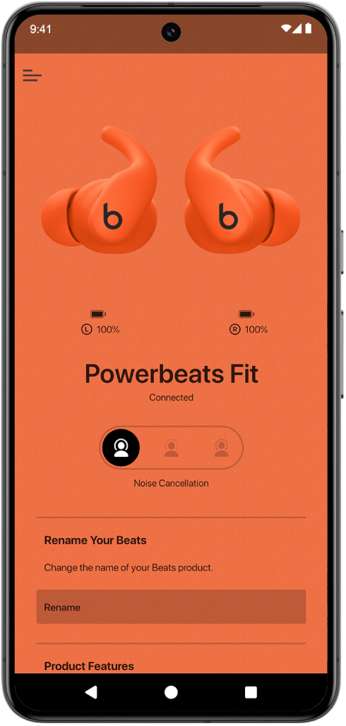 The Beats app device screen showing connected Powerbeats Fit earphones.