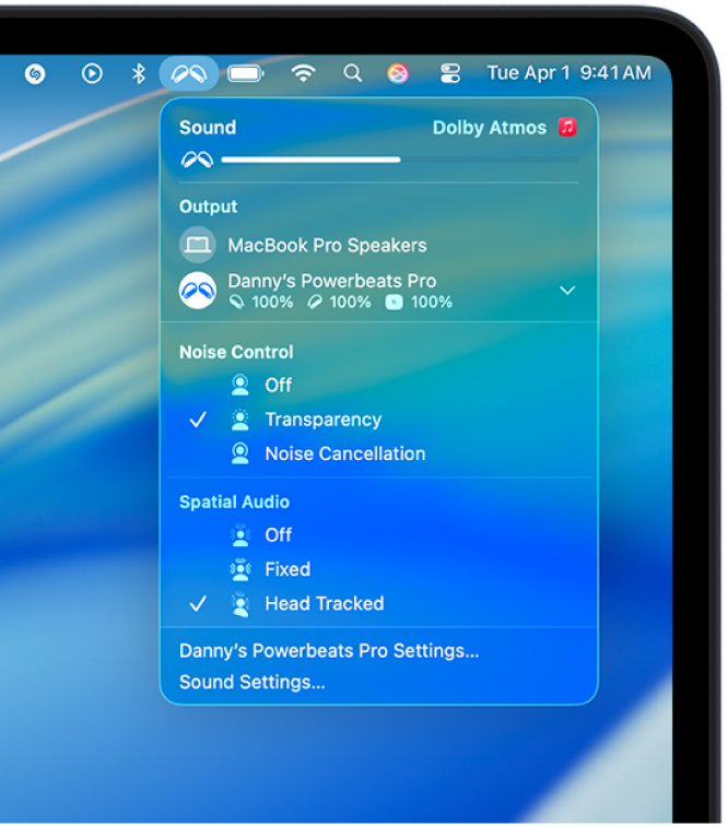 The Beats icon selected in the menu bar on Mac. A menu shows Powerbeats Pro 2 with Transparency and Head Tracked Spatial Audio on.