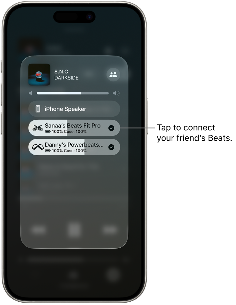 The AirPlay screen showing two pairs of Beats connected to the same iPhone while a song is playing.