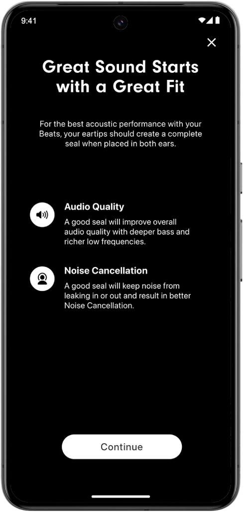 An Android device screen displaying the Ear Tip Fit Test.