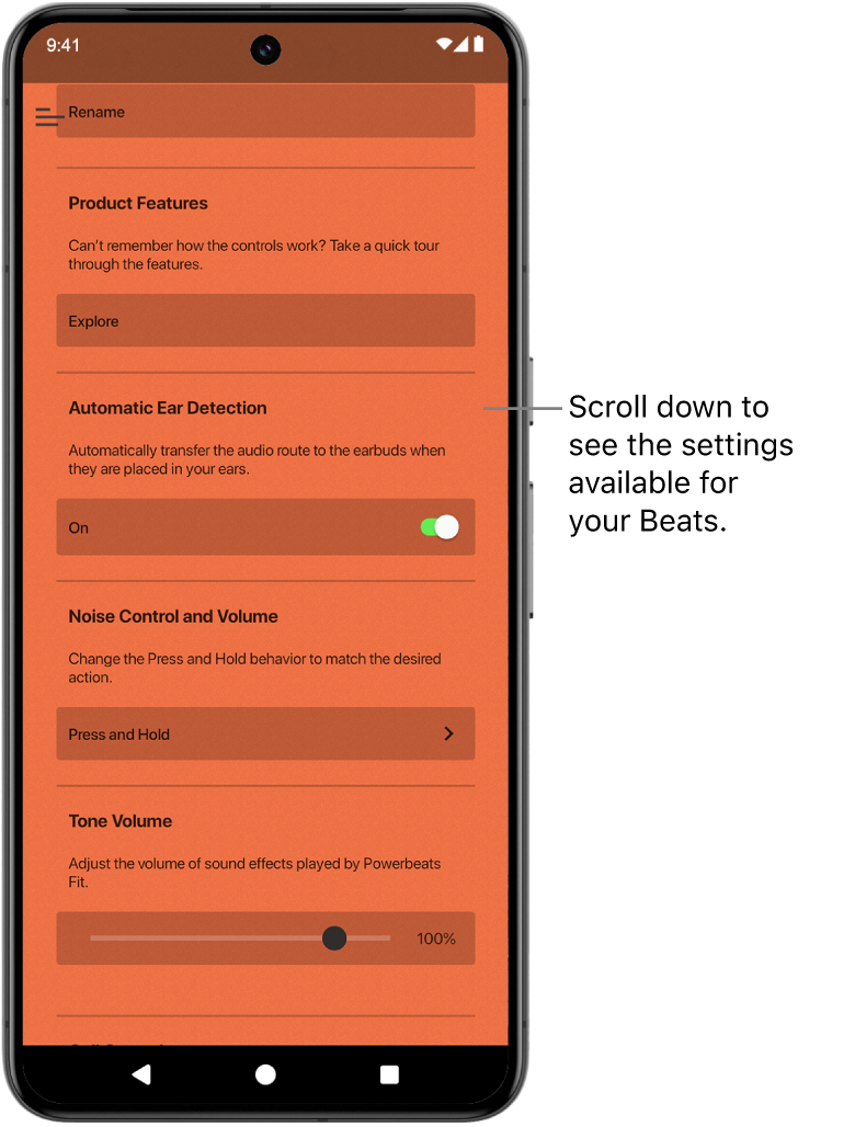 The Beats app device screen showing the settings available for the connected Powerbeats Fit earphones.