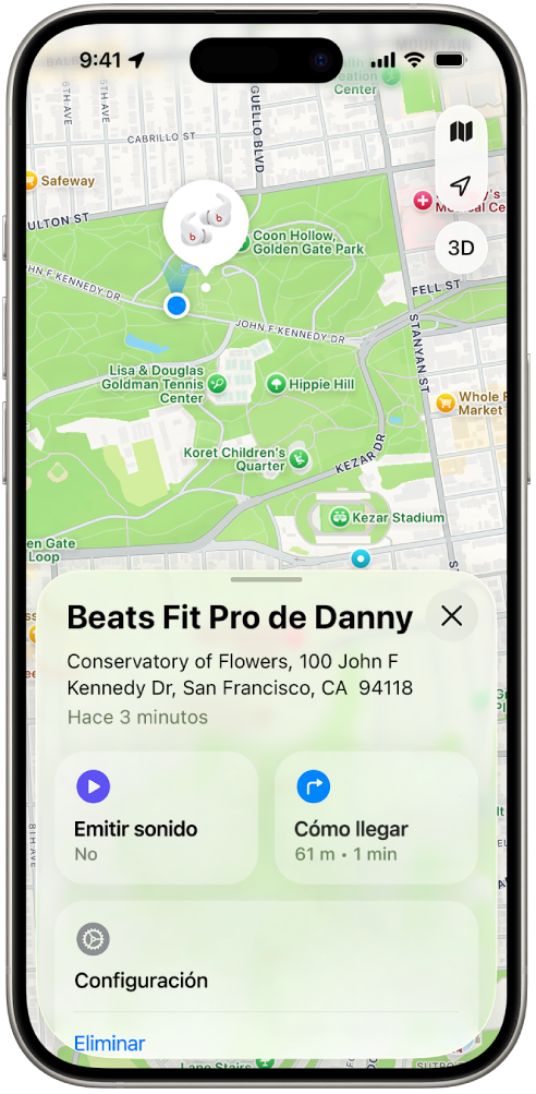 La pantalla de la app Encontrar en un iPhone mostrando la ubicación de unos Beats Fit Pro en un mapa de San Francisco.