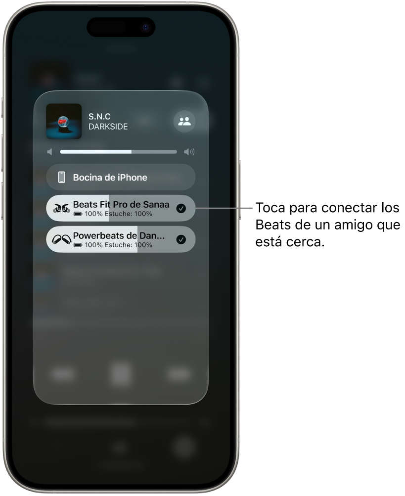 La pantalla de AirPlay mostrando dos pares de Beats conectados al mismo iPhone mientras se reproduce una canción.