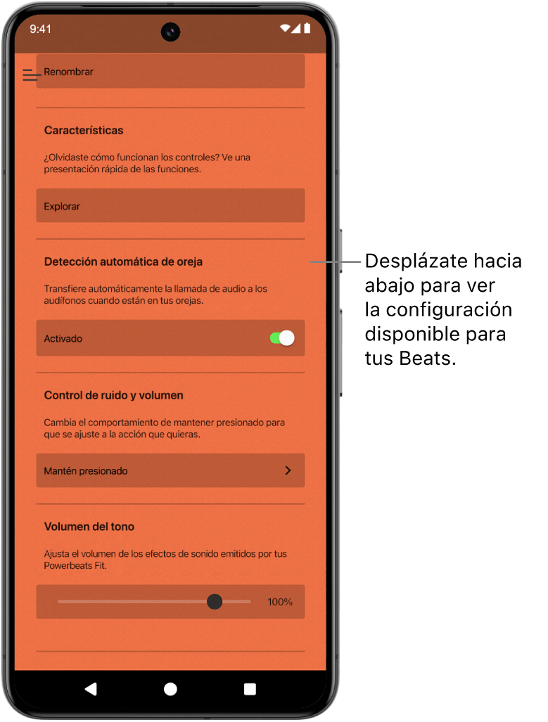 La pantalla de dispositivo en la app Beats mostrando la configuración disponible para los audífonos Powerbeats Fit conectados.