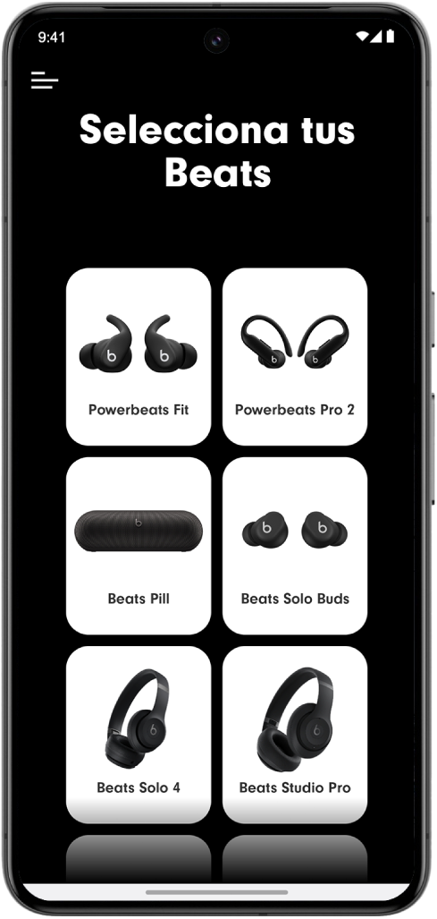 La pantalla Selecciona tus Beats de la app Beats mostrando dispositivos Beats compatibles.