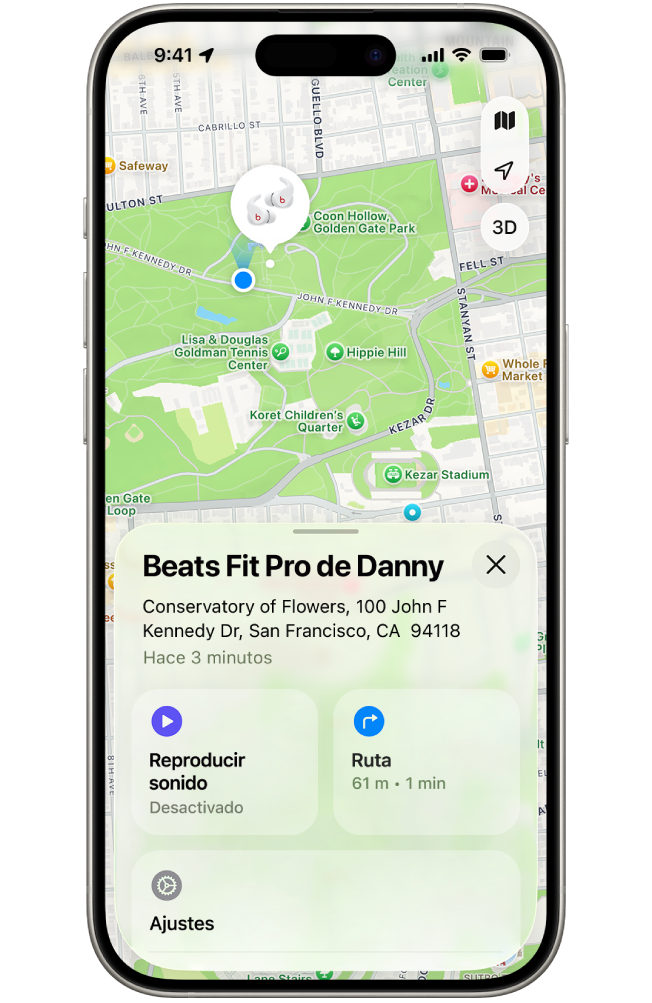 Pantalla de la app Buscar del iPhone con la ubicación de los Beats Fit Pro en un mapa de San Francisco.