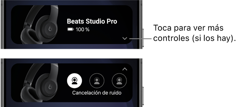 La primera imagen muestra el widget de la app Beats con unos auriculares de diadema Beats Studio Pro conectados y un botón que muestra otros controles; la segunda imagen muestra los controles de cancelación del ruido en el widget.