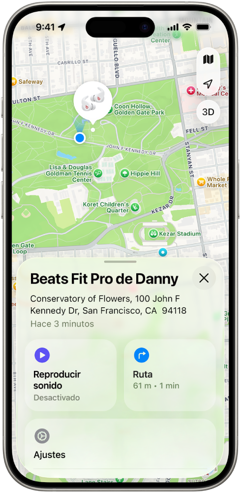 Pantalla de la app Buscar del iPhone con la ubicación de los Beats Fit Pro en un mapa de San Francisco.