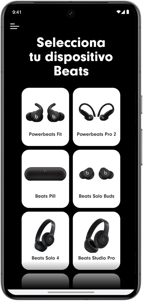 La pantalla “Selecciona tu dispositivo Beats” de la app Beats con los dispositivos Beats compatibles.