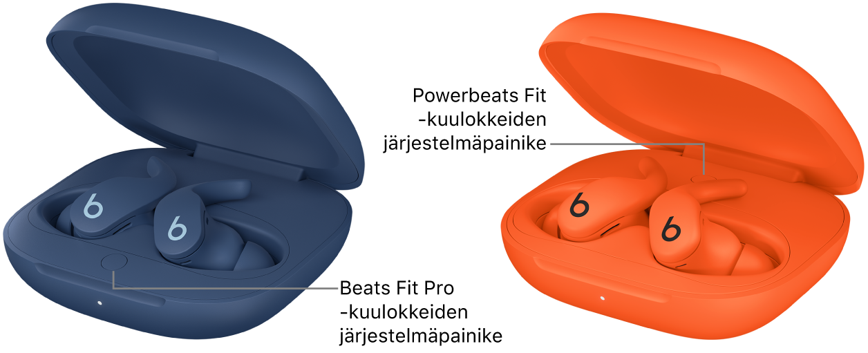 Beats Fit Pro‑ ja Powerbeats Fit ‑kuulokkeiden järjestelmäpainike latauskotelossa.
