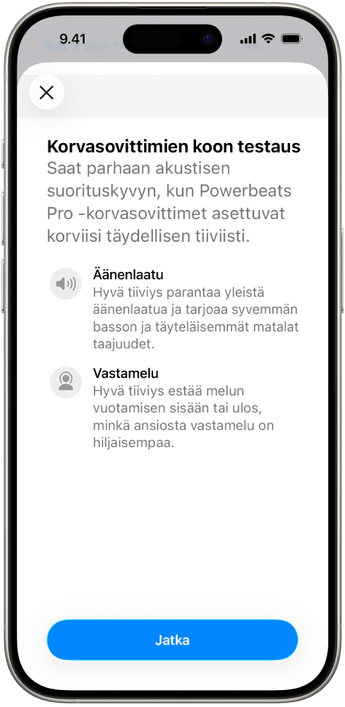 iPhone-näyttö, jossa näkyy korvasovitinten testaus.