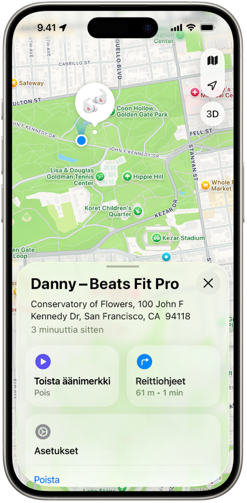 iPhonen Etsi-apissa näkyy Beats Fit Pro -kuulokkeiden sijainti San Franciscon kartalla.