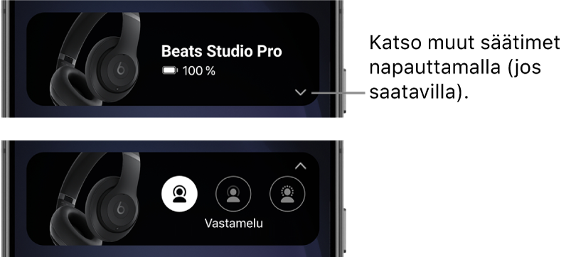 Ensimmäisessä kuvassa näkyvät Beats-apin widgetti ja yhdistetyt Beats Studio Pro -kuulokkeet sekä painike muiden säätimien näyttämiseen. Toisessa kuvassa näkyvät widgetti ja Vastamelu-säätimet.