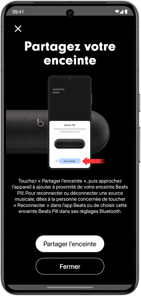 L’écran de l’app Beats Partager l’enceinte affiche les boutons Partager l’enceinte et Fermer.