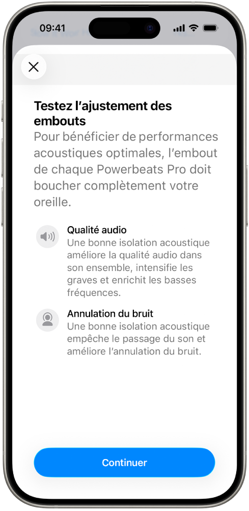 L’écran d’un iPhone qui montre le test d’ajustement des embouts.