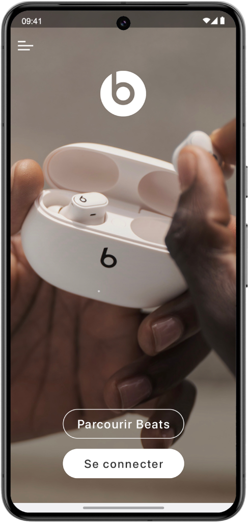 L’écran d’accueil de l’app Beats avec les boutons « Parcourir Beats » et « Se connecter ».