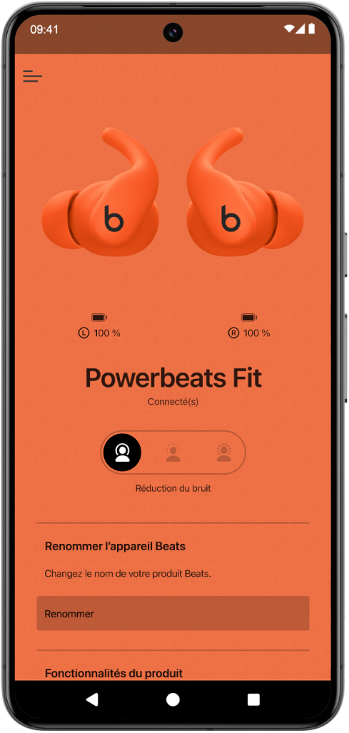 L’écran de l’appareil dans l’app Beats avec des écouteurs Powerbeats Fit connectés.