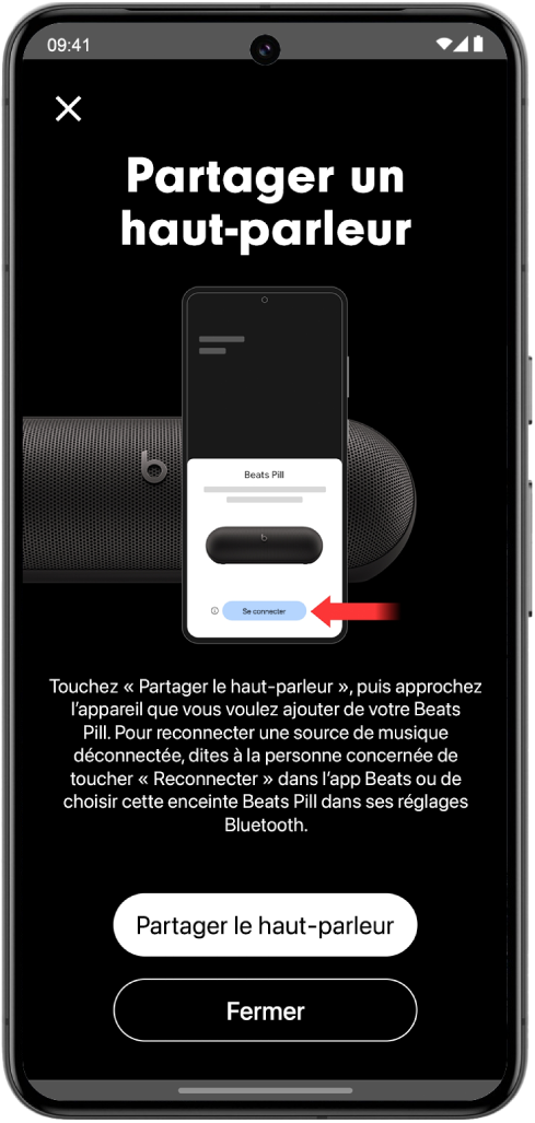 L’écran « Partager un haut-parleur » de l’app Beats affichant les boutons « Partager le haut-parleur » et Fermer.