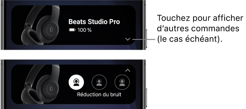 La première image montre le widget de l’app Beats affichant un casque Beats Studio Pro connecté et un bouton permettant d’accéder à d’autres commandes ; la seconde image montre les commandes de réduction du bruit dans le widget.