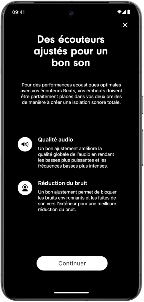 L’écran d’un appareil Android affichant le test d’ajustement des embouts.
