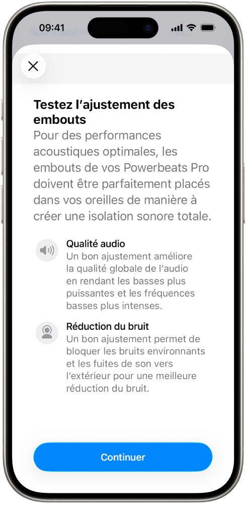 L’écran d’un iPhone affichant le test d’ajustement des embouts.