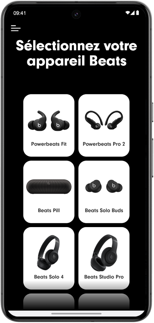 L’écran « Sélectionnez votre appareil Beats » de l’app Beats avec les appareils Beats pris en charge.