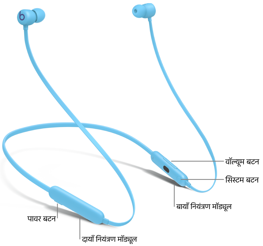 Beats Flex की इमेज दाएँ कंट्रोल मॉड्यूल पर पावर बटन का स्थान और बाएँ कंट्रोल मॉड्यूल पर वॉल्यूम बटन और सिस्टम बटन का स्थान दिखाती है।
