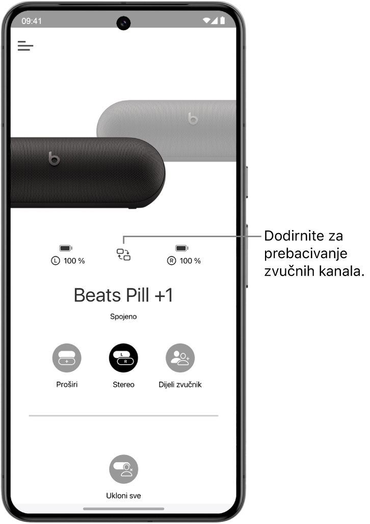 Zaslon uređaja aplikacije Beats prikazuje dva spojena Beats Pill zvučnika u Stereo grupi i tipku za promjenu audio kanala kanala.