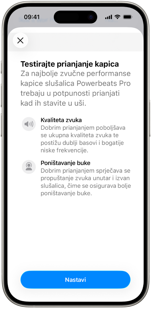 Zaslon iPhonea na kojem se prikazuje test prianjanja kapice slušalica.