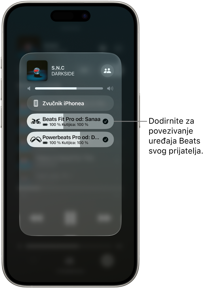 AirPlay zaslon koji prikazuje dva para slušalica Beats spojenih na isti iPhone dok se reproducira pjesma.