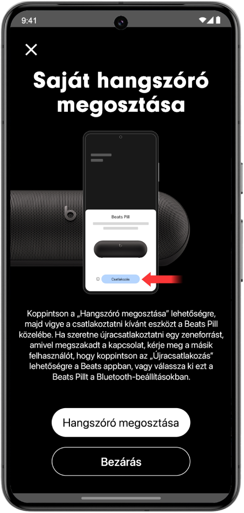 A Beats app Saját hangszóró megosztása képernyője a Hangszóró megosztása és a Bezárás gombokkal.