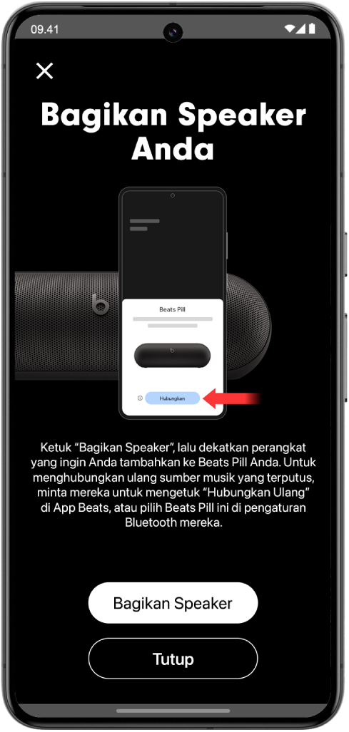 Layar Bagikan Speaker Anda app Beats yang menampilkan tombol Bagikan Speaker dan Tutup.