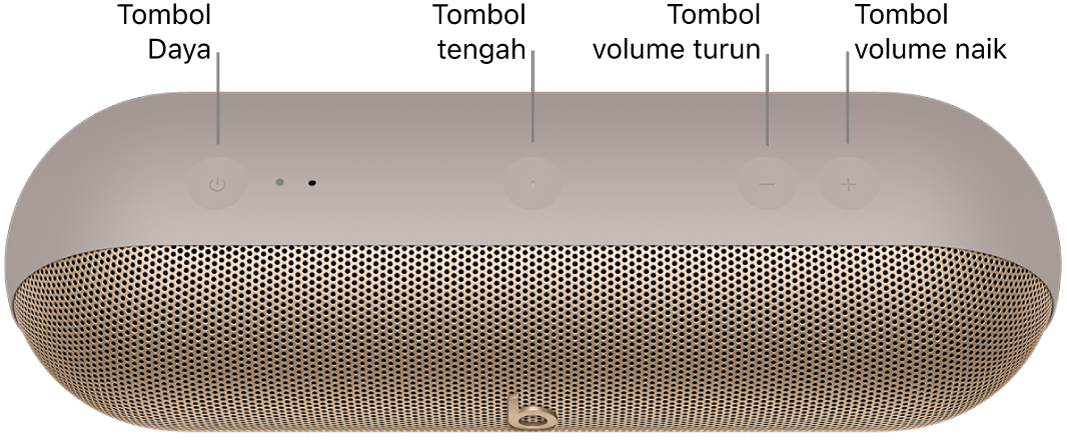 Gambar speaker Beats Pill yang menampilkan lokasi, dari kiri ke kanan, tombol daya, tengah, volume turun, dan volume naik di bagian atas speaker.