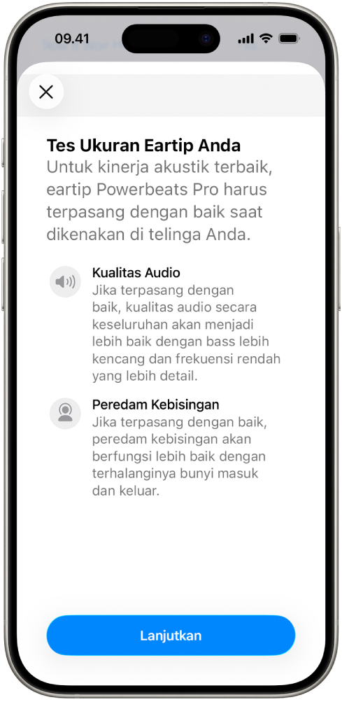 Layar iPhone yang menampilkan Tes Ukuran Eartip.